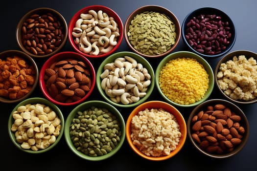 Set of different nuts in wooden bowls, top view of nuts.