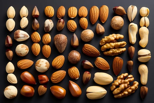 A set of different nuts on a black background, top view of the nuts.