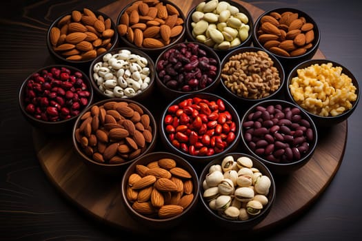 Set of different nuts in wooden bowls, top view of nuts.