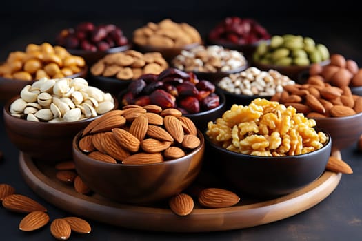 Set of different nuts in wooden bowls, top view of nuts.