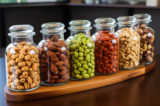 Nuts are packaged in a glass container for storage, a shelf with various nuts.