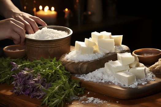 The process of salting cheese, making cheese at home.