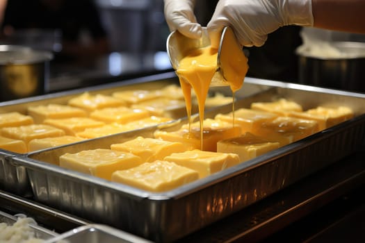 Close-up of a chef taking a melted piece of cheese from a large pan, kitchen in a hotel complex, kitchen in a hotel-tourist complex.