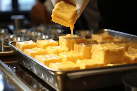 Close-up of a chef taking a melted piece of cheese from a large pan, kitchen in a hotel complex, kitchen in a hotel-tourist complex.