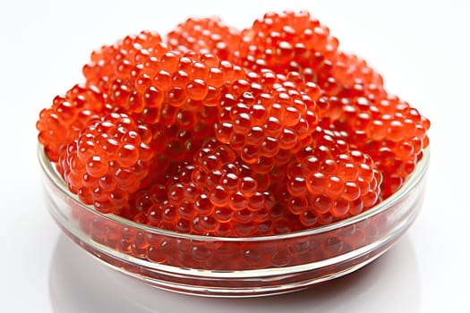 Red fish roe in a bowl on a white background.