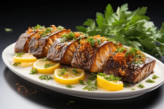 Fried and served in a white plate fish with lemon on a black background.