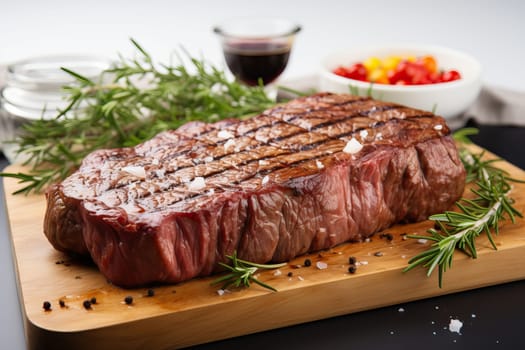 grilled large piece of beef on a barbecue and served on a wooden board, on a white background.