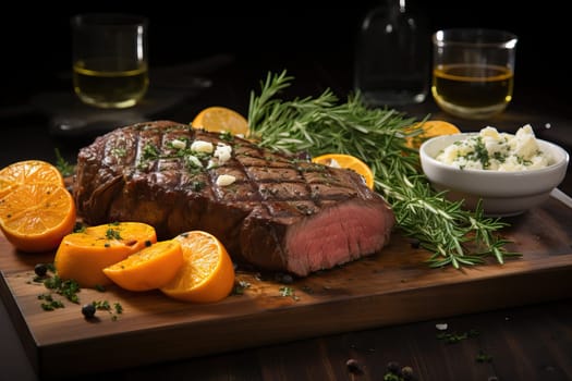 Medium rare beef steak with orange and white wine, original serving of food on the table.