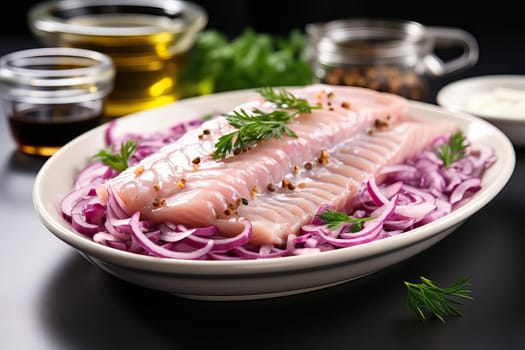 herring fillet with purple onion and chopped greens