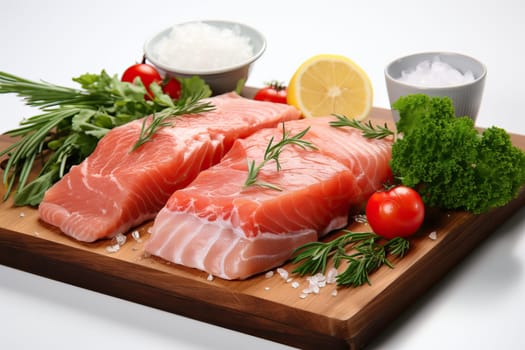 Red fish steak with lemon and greens on a white background.