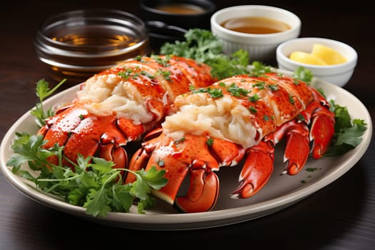 Cooked lobster on a plate with lemons and sauces on a black background.