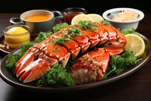 Cooked lobster on a plate with lemons and sauces on a black background.