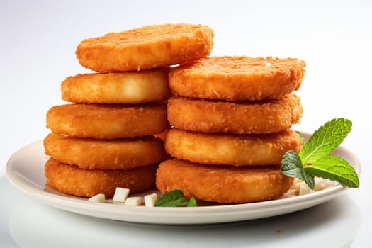 Fried chicken nuggets on white background, tasty and diet food
