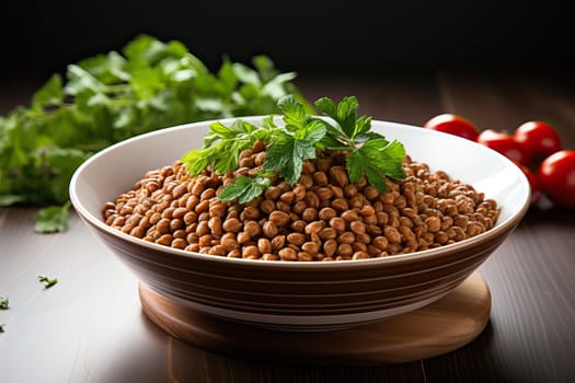 Bowl of tasty buckwheat porridge on table, top view, Buckwheat is a carrier of carbohydrates