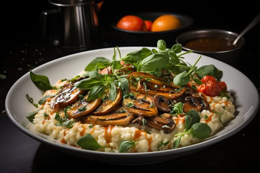 Risotto with mushrooms in a large white plate, serving food in a restaurant.