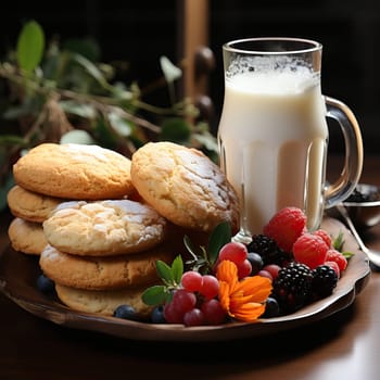 A glass of milk with cookies and fruit, delicious breakfast.