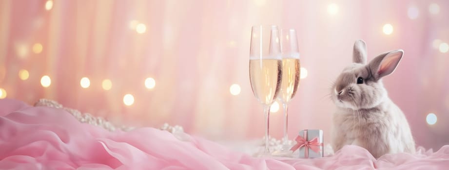 fluffy bunny sitting next to glasses of champagne and a Valentine's Day gift box surrounded by peach silk and tinsel in a pink interior with shiny bokeh, banner with copy space, high quality photo