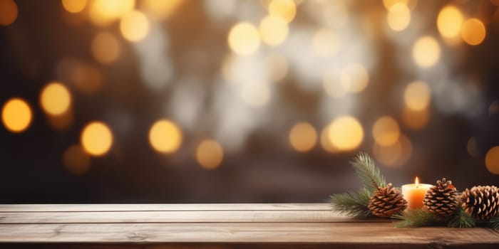 Merry Christmas and Happy New Year background with empty wooden table over Christmas tree and blurred light bokeh. Empty display for product placement. Rustic vintage Xmas 2024 background. comeliness