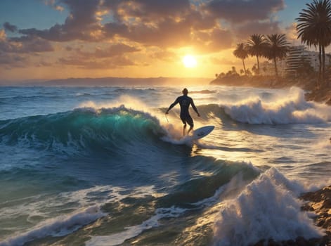 one male surfer catch waves in the sea at sunset in idyllic place beach ai generated