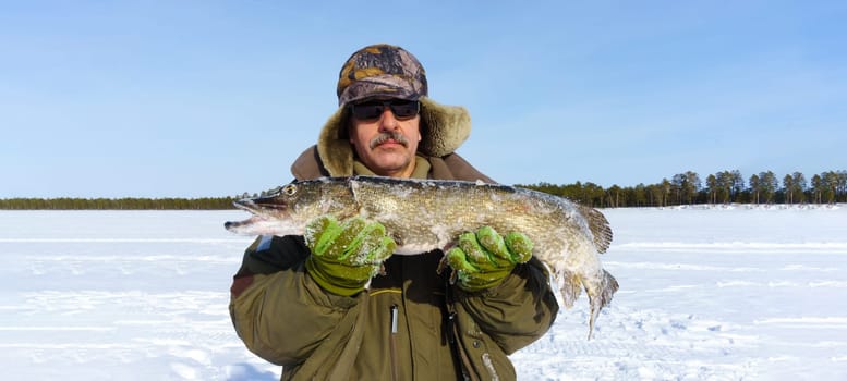 Man Holding a Fish in Hands. Winter fishing. Banner, copy space