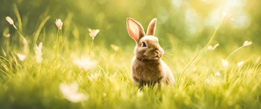 Adorable rabbit sitting on grass with natural bokeh in backdrop. Cute baby bunny frolicking in the yard