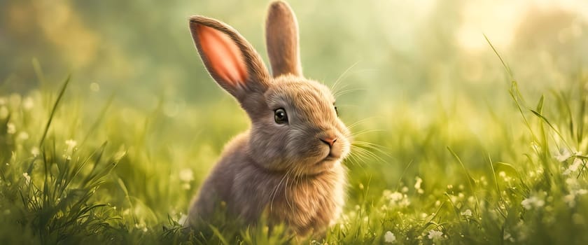 A small rabbit sitting in a field on green grass