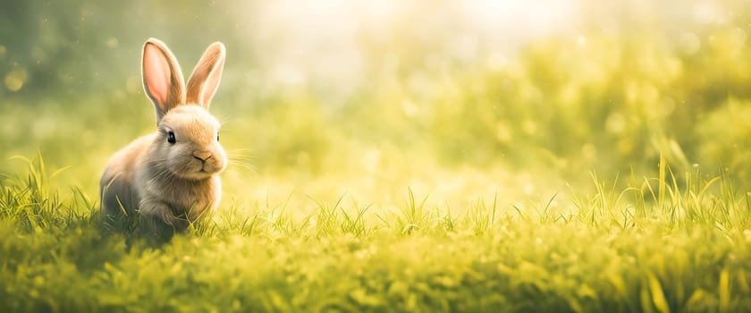 A small rabbit sitting in a field on green grass