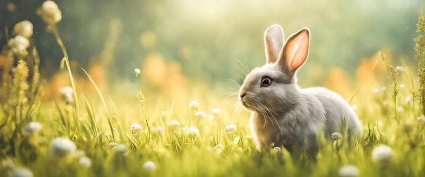 Cute baby rabbit on a green lawn sunshine.