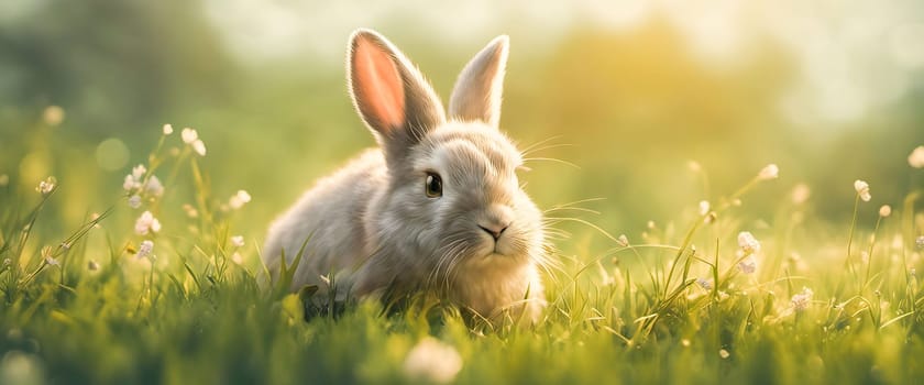 Cute baby rabbit on a green lawn sunshine.