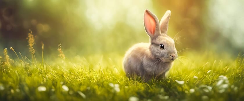 Cute little rabbit sitting in grass in the sunshine, banner for your design