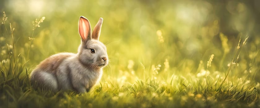 A little rabbit on the green grass on a spring day