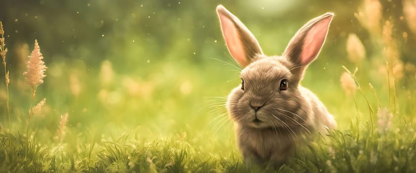 Cute little rabbit sitting in grass in the sunshine, banner for your design