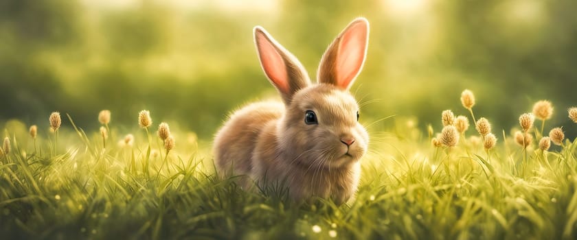 A small rabbit sitting in a field on green grass