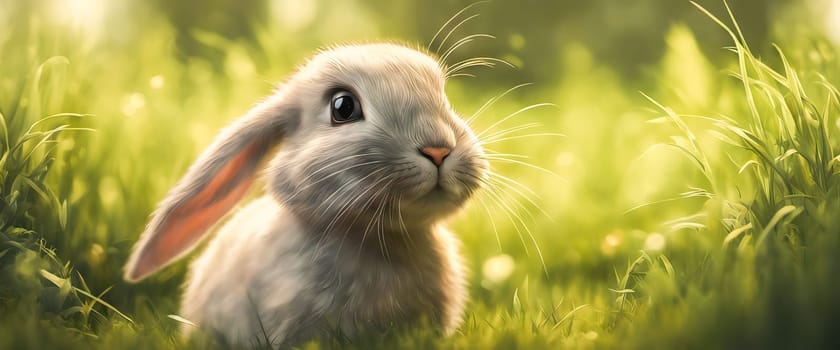 A little rabbit on the green grass on a spring day