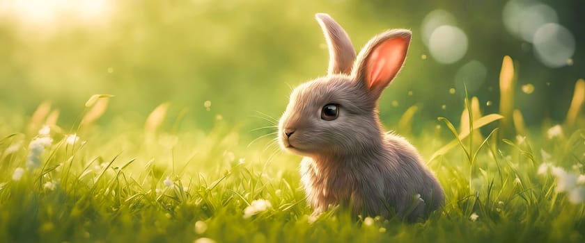 Rabbit. Cute little Easter bunny in meadow. Green grass under sunbeams. Rabbit on a green grass in idyllic springtime landscape Wide banner