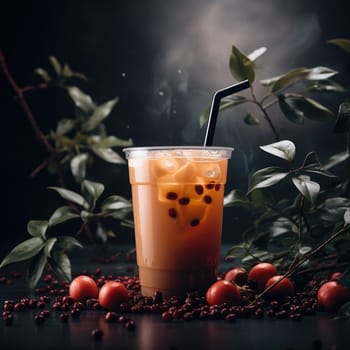 Bubble iced milk coffee with black boba or tapioca pearls and citrus on dark background. AI Generated