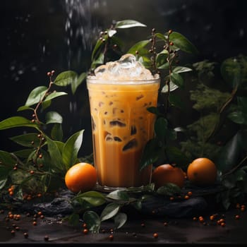 Bubble iced milk coffee with black boba or tapioca pearls and citrus on dark background. AI Generated