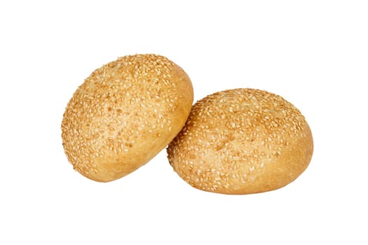 Two Tasty fresh round bun with sesame seeds for burger on white background,