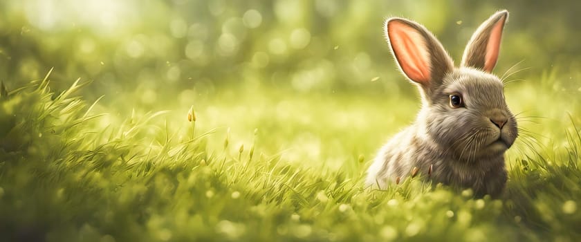 Cute adorable fluffy rabbit sitting on green grass lawn at backyard. Small sweet bunny walking by meadow in green garden on bright sunny day. Easter nature and animal bokeh background