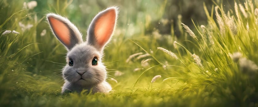 Banner Little rabbit on green grass in summer sunny day.