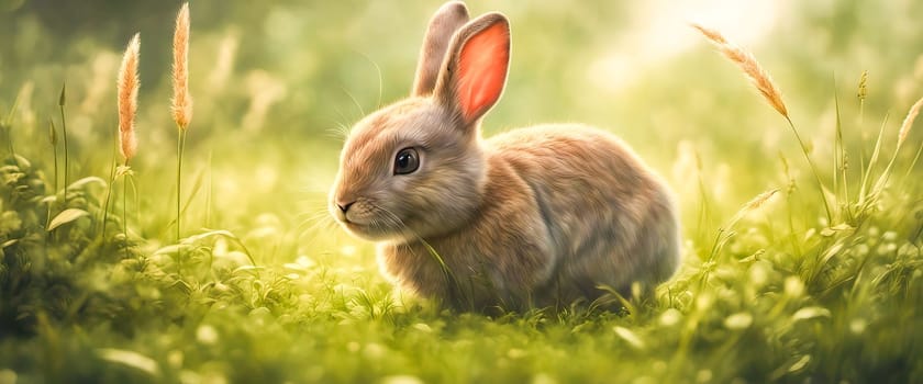 Cute little rabbit sitting in grass in the sunshine, banner for your design