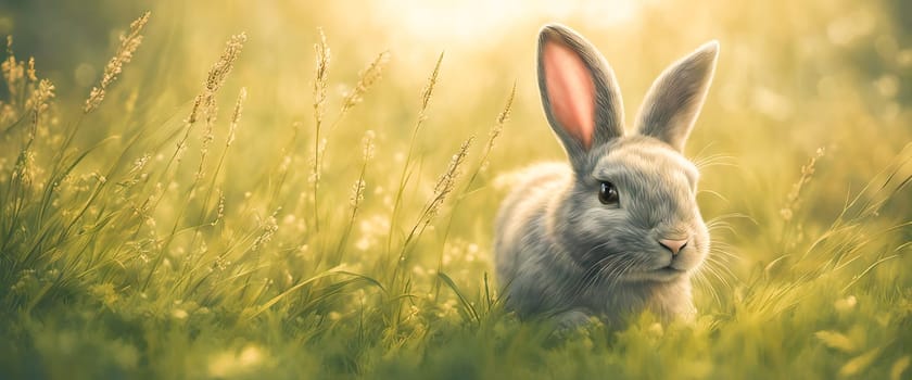Cute baby rabbit on a green lawn sunshine.