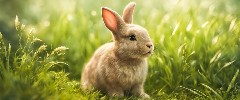 Rabbit. Cute little Easter bunny in meadow. Green grass under sunbeams. Rabbit on a green grass in idyllic springtime landscape Wide banner