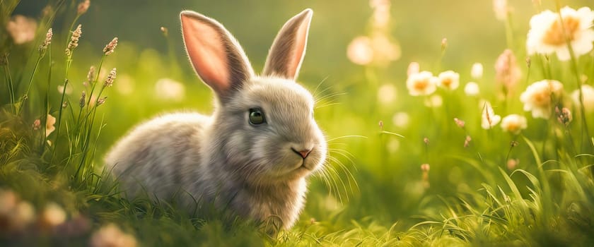 Rabbit. Cute little Easter bunny in meadow. Green grass under sunbeams. Rabbit on a green grass in idyllic springtime landscape Wide banner