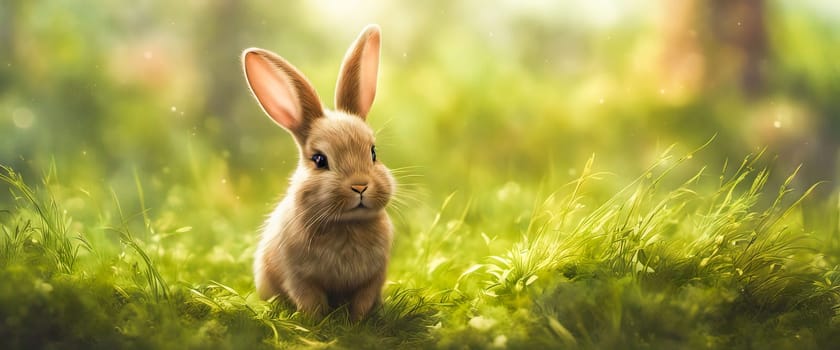 Rabbit. Cute little Easter bunny in meadow. Green grass under sunbeams. Rabbit on a green grass in idyllic springtime landscape Wide banner