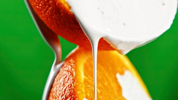 Close up of two halves of cut orange isolated on a green background. Stock clip. White inks being poured on fruits