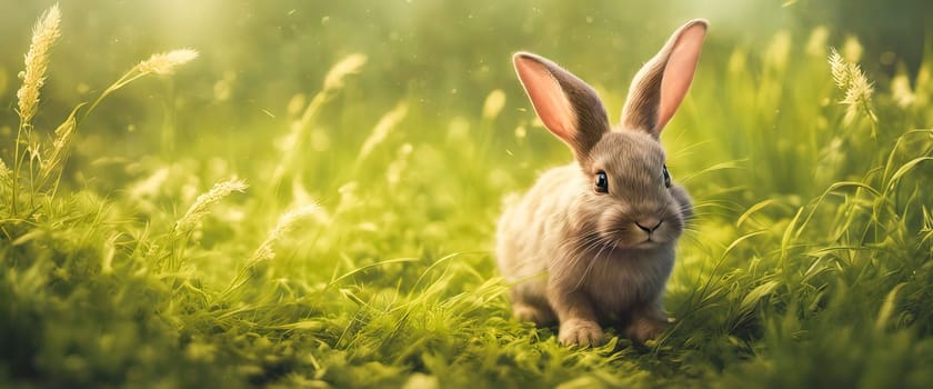 Rabbit. Cute little Easter bunny in meadow. Green grass under sunbeams. Rabbit on a green grass in idyllic springtime landscape Wide banner