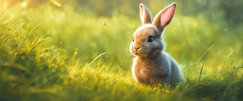 Rabbit. Cute little Easter bunny in meadow. Green grass under sunbeams. Rabbit on a green grass in idyllic springtime landscape Wide banner