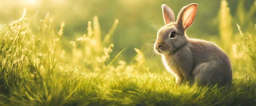 Rabbit. Cute little Easter bunny in meadow. Green grass under sunbeams. Rabbit on a green grass in idyllic springtime landscape Wide banner