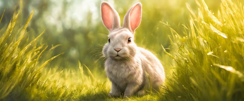 Adorable rabbit sitting on grass with natural bokeh in backdrop. Cute baby bunny frolicking in the yard